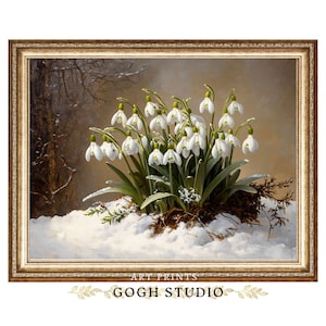 Snödroppar Vinterskog Vintage konsttryck Cottagecore (digital nedladdning)
