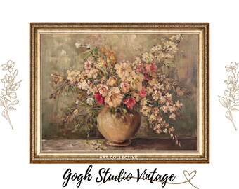 PRINTABLE Floral Still Life, Flowers In Vase Rustic Kitchen Art, Vintage Antique Oil Painting Digital Downloadable Artwork Frame TV