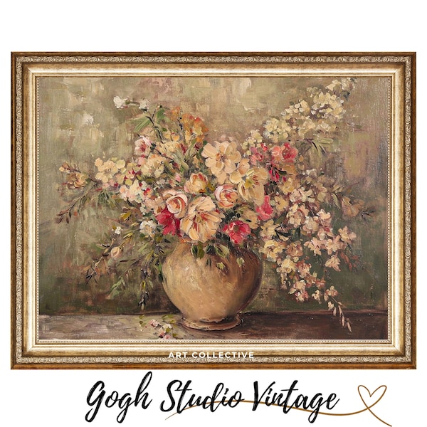 PRINTABLE Floral Still Life, Flowers In Vase Rustic Kitchen Art, Vintage Antique Oil Painting Digital Downloadable Artwork Frame TV