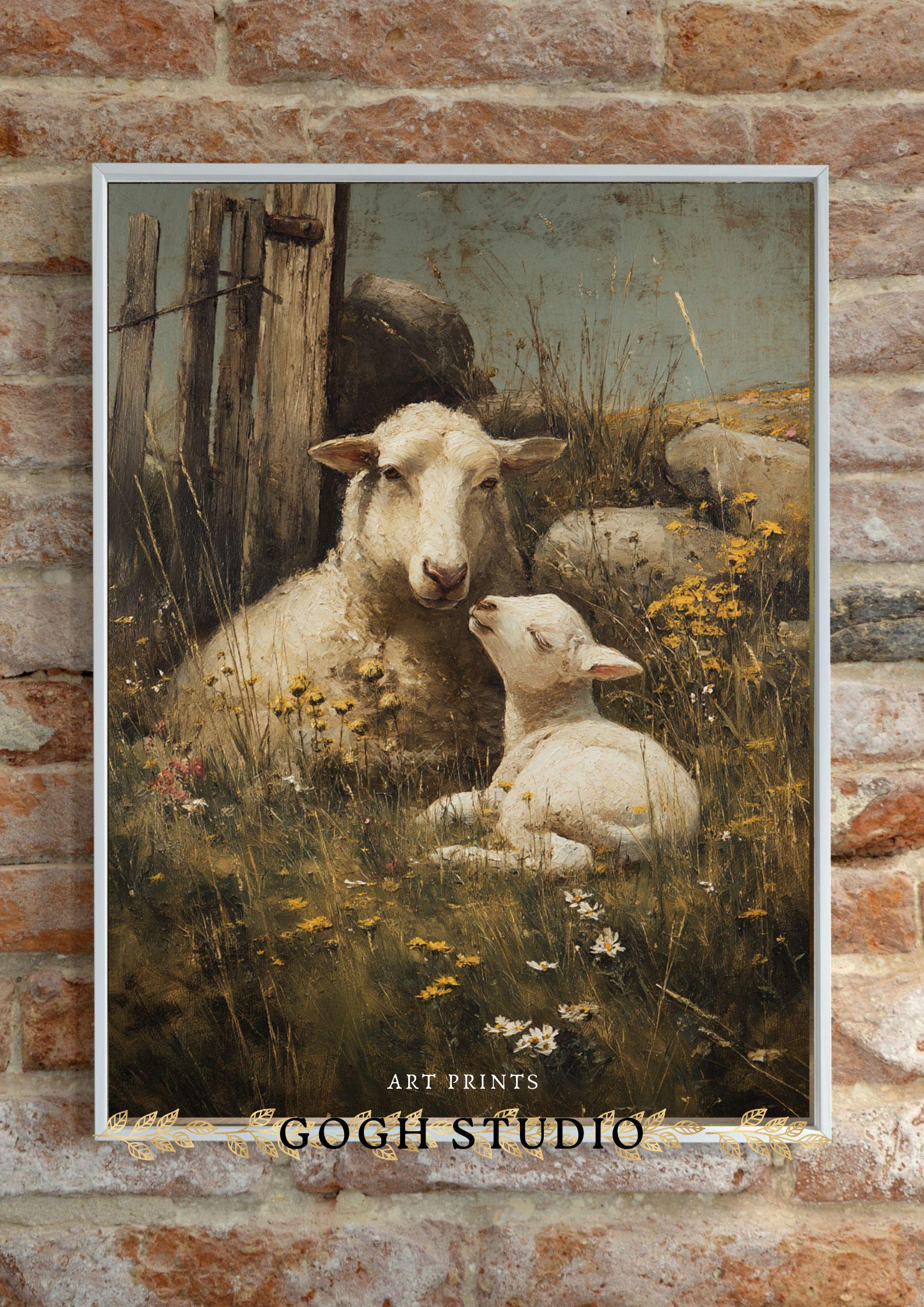 Vintage Sheep and Lamb Oil Painting, Cottagecore Farm Scene