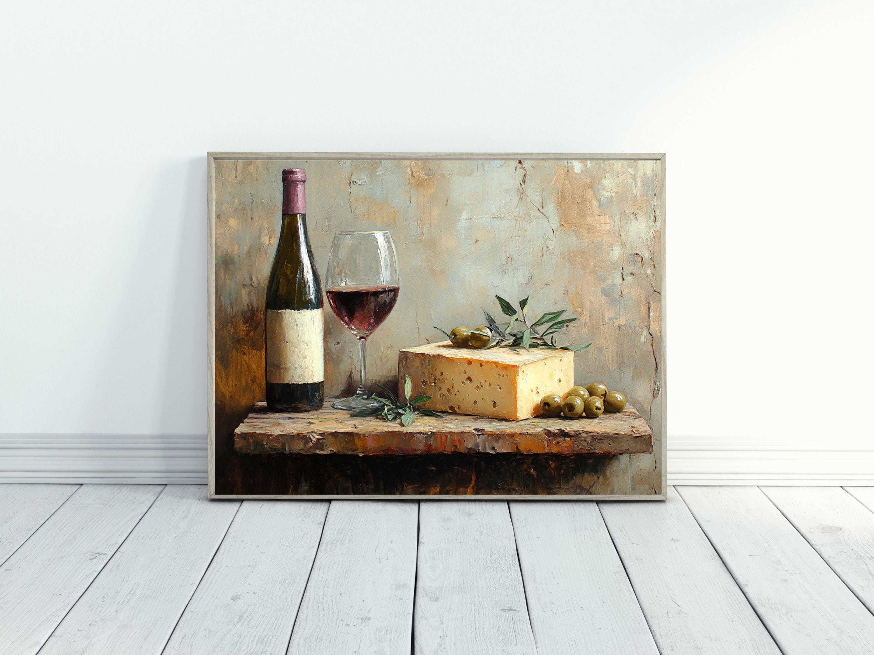 ワインとチーズの油彩画 Wine Cheese and Olives Vintage Oil Painting, Rustic Kitchen Wall