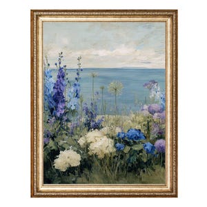 Seaside Wildflower Coastal Landscape Painting, Floral VINTAGE Oil Painting, Cottagecore Wall Art, Printable Wall Art, Digital Prints