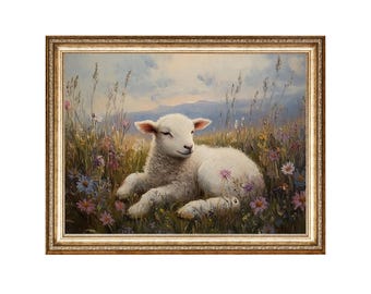 Lamb in Wildflower Meadow Vintage Oil Painting, Cottagecore Wall Art (Digital Print)
