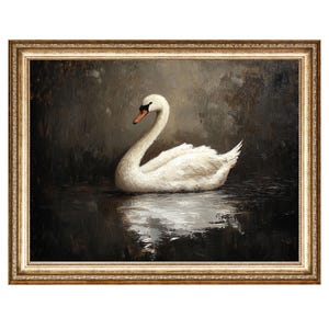 May include: A framed painting depicting a white swan swimming in dark water. The swan has a long neck and a black beak. The painting is set against a dark background with subtle brushstrokes.