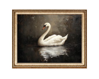 May include: A framed painting depicting a white swan swimming in dark water. The swan has a long neck and a black beak. The painting is set against a dark background with subtle brushstrokes.
