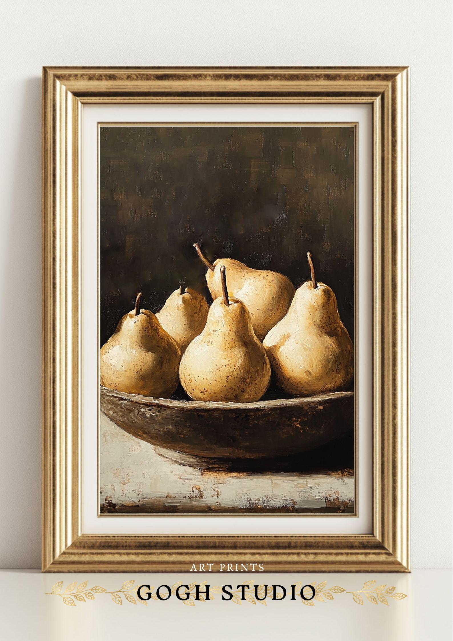 ヴィンテージの洋梨の静物画、素朴なキッチンアート（デジタルプリント