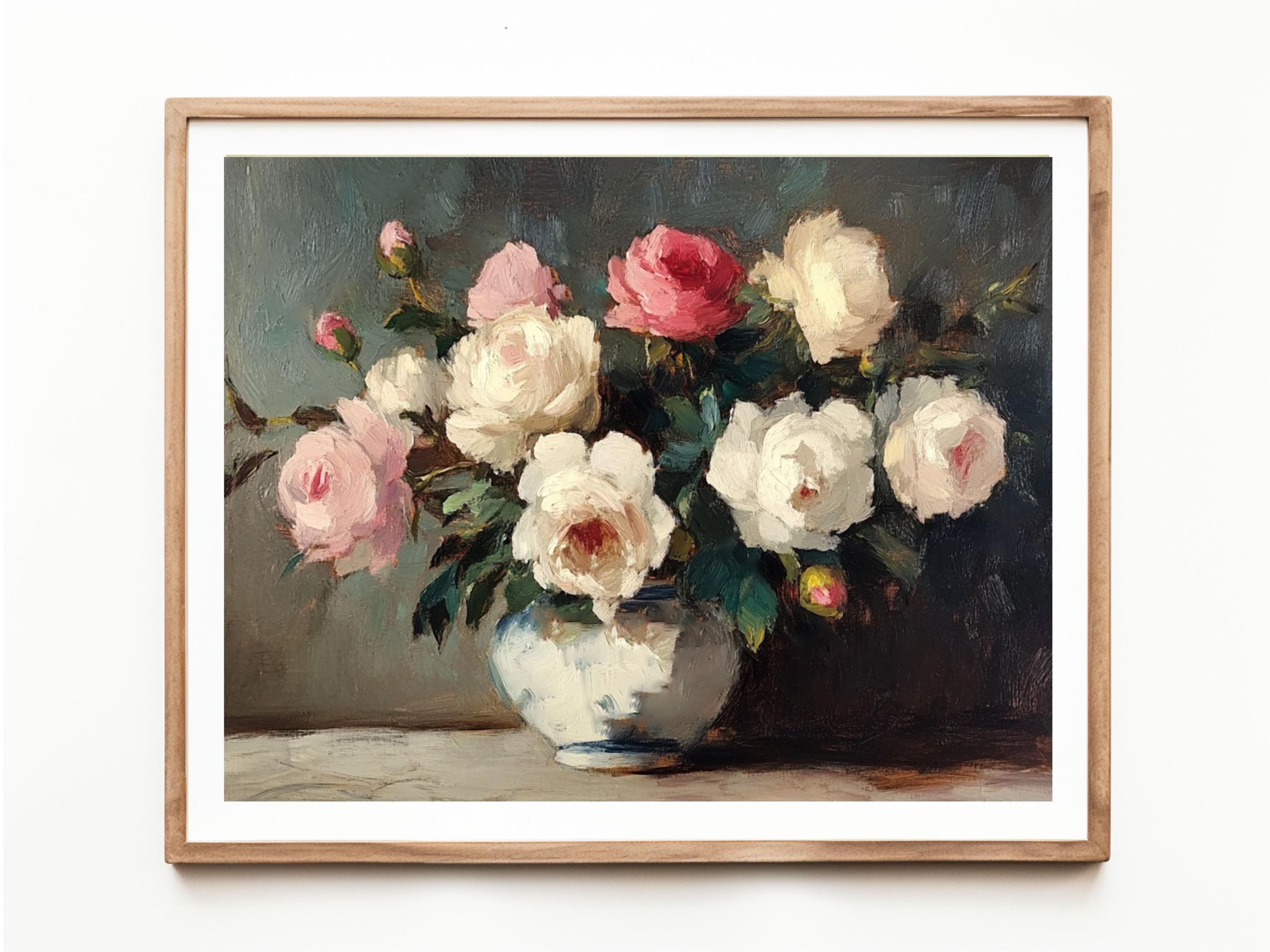 Vintage Rose Still Life Painting, Cottagecore Floral Art (digital ...