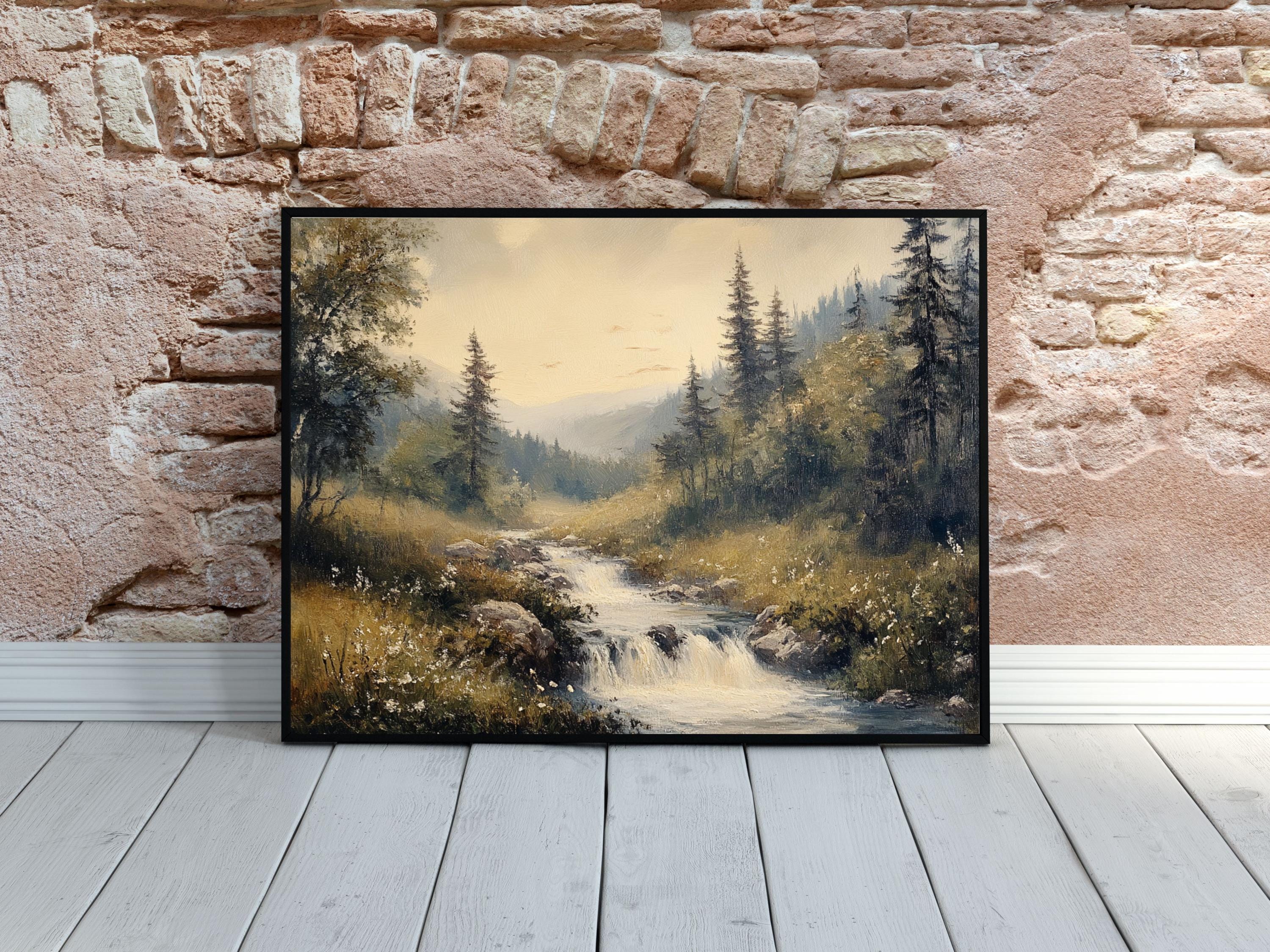Vintage Landschafts-Leinwand „Sommer Am Bach“ – Rustikales Bauernhaus-Bild Im Holzrahmen, 40x60 Cm