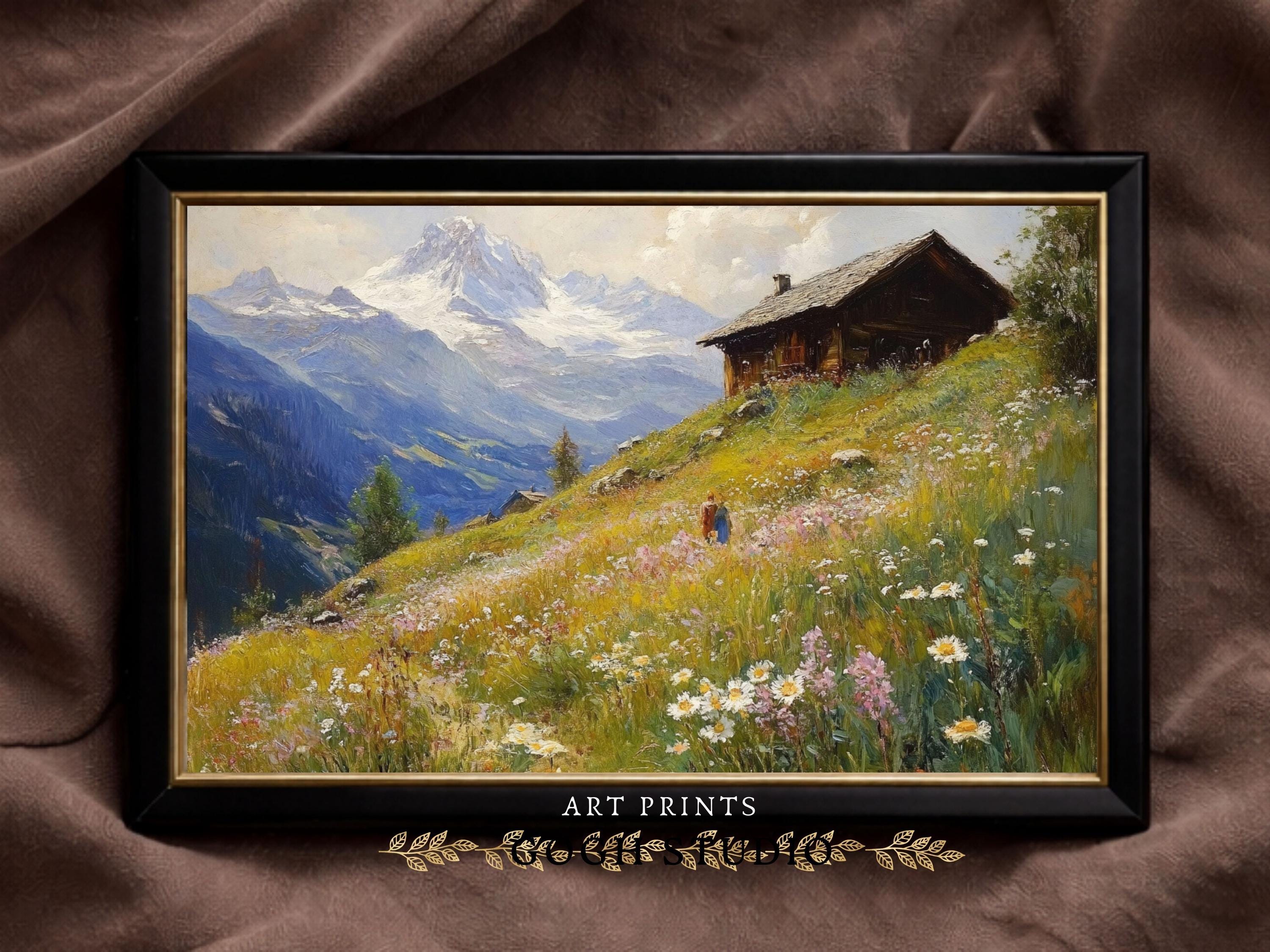 スイスアルプスのコテージの油絵、ヴィンテージ風景画（デジタル