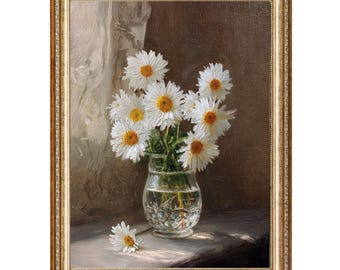 Vintage Daisy Oil Painting, Cottagecore Still Life Art (Digital Prints)