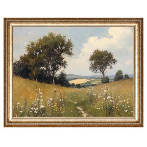 Meadow Landscape With Trees Wildflowers And Rolling Hills Oil Painting, Cottage Core VINTAGE Painting, Printable Wall Art, DIGITAL PRINTS