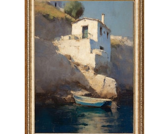 Vintage Coastal Oil Painting, Mediterranean Cliffside Cottage Seascape (Digital Print)