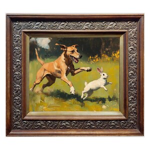 Hunting Dog and Rabbit Vintage Art Print Digital Wildlife Painting ...