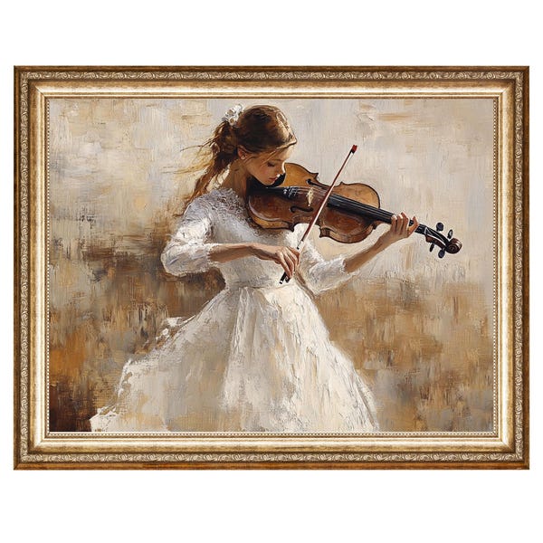Pintura al óleo de violín vintage, arte mural musical cottagecore (impresiones digitales)