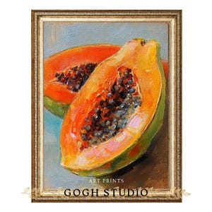Papaya Still Life Vintage Wall Art – Oil Painting of Tropical Fruit, Colorful Kitchen Artwork for Dining Room or Home Decor