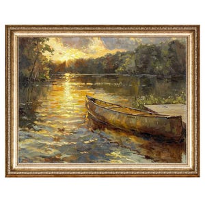 Boot Kunstwerk am See Sonnenuntergang Landschaft Gemälde, Boot am See Kunst Natur Wand Kunst VINTAGE Drucke, DRUCKBARE WandKUNST, digitaler Download