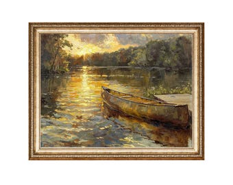 Lake Sunset Boat Vintage Art Print, Landscape Painting (Digital Download)