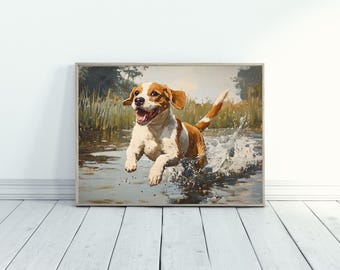 ヴィンテージ犬の油絵、コテージコアウォールアート（デジタルプリント