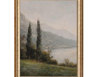Vintage Lake Como Oil Painting, Cypress Trees, Cottagecore Art (Digital Products)