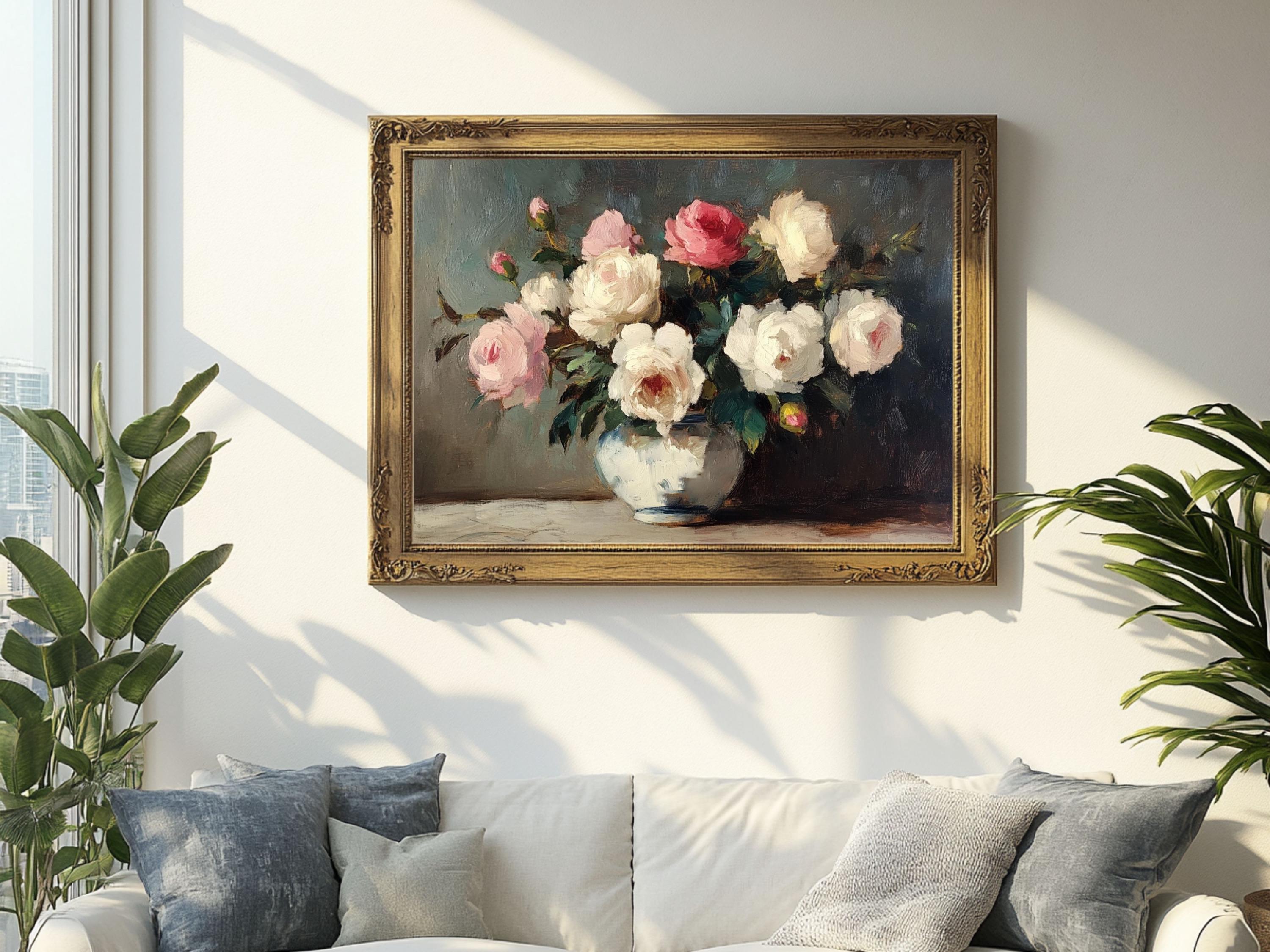 Vintage Rose Still Life Painting, Cottagecore Floral Art (digital ...