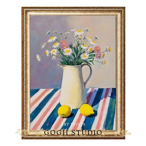 Daisies And Lemons Vintage Wall Art, Still Life Oil Painting, Rustic Floral Print For Kitchen And Dining Room Decor