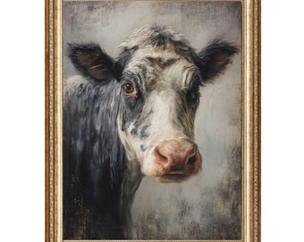 Vintage koeportretschilderij, rustiek boerderijdecor (digitale print)