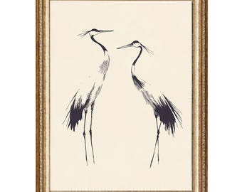 Lámina artística minimalista de grullas, dibujo vintage japonés a tinta (descarga digital)