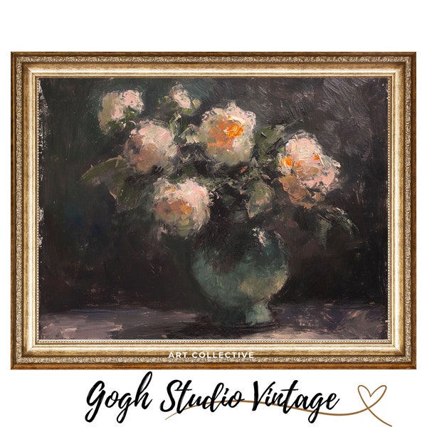 Peonies Mid-Century Painting Floral Art, Dark Floral Wall Art Peony Flowers, PRINTABLE Vintage Antique Oil Painting Digital Downloadable