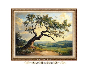 Vintage Countryside Tree Oil Painting, Cottagecore Landscape (Digital Prints)