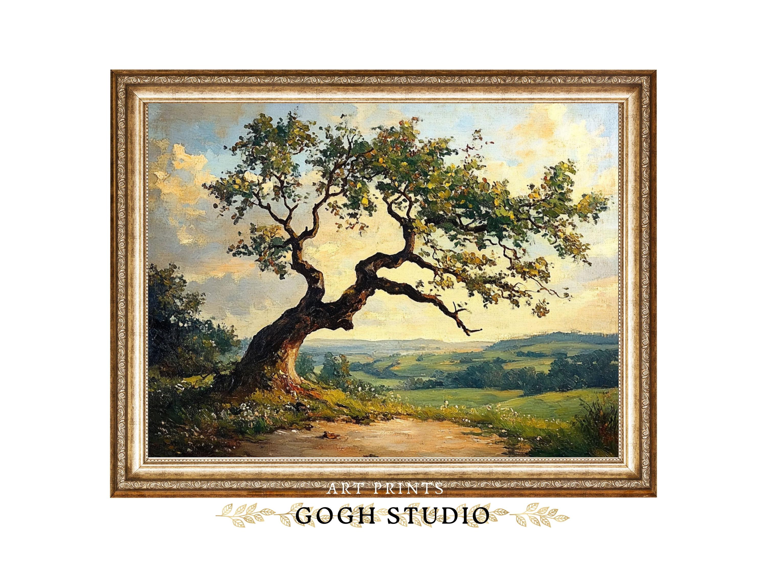 ヴィンテージの田舎の木々の油絵、コテージコアの風景画（デジタル