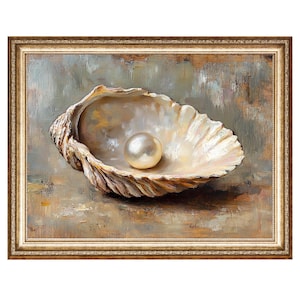 May include: A framed painting of a seashell with a pearl inside. The shell is a light brown color and the pearl is white. The background is a muted brown and gray.