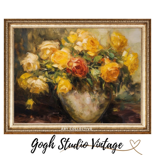 Yellow Roses Floral Country Decor, Antique Vintage Flower Print Floral Still Life Oil Painting PRINTABLE  Digital Download Wall Art Frame TV