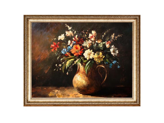 レンブラント風の花の油絵プリント、ヴィンテージコテージコア