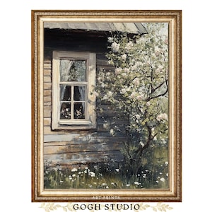Pintura al óleo de una cabaña vintage: Vista desde una ventana con un árbol floreciente (impresión digital)