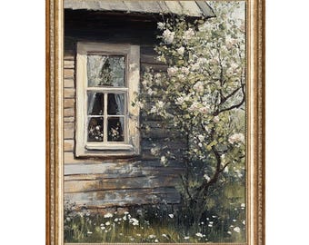 Dipinto ad olio vintage di un cottage, vista dalla finestra di un albero in fiore (stampe digitali)