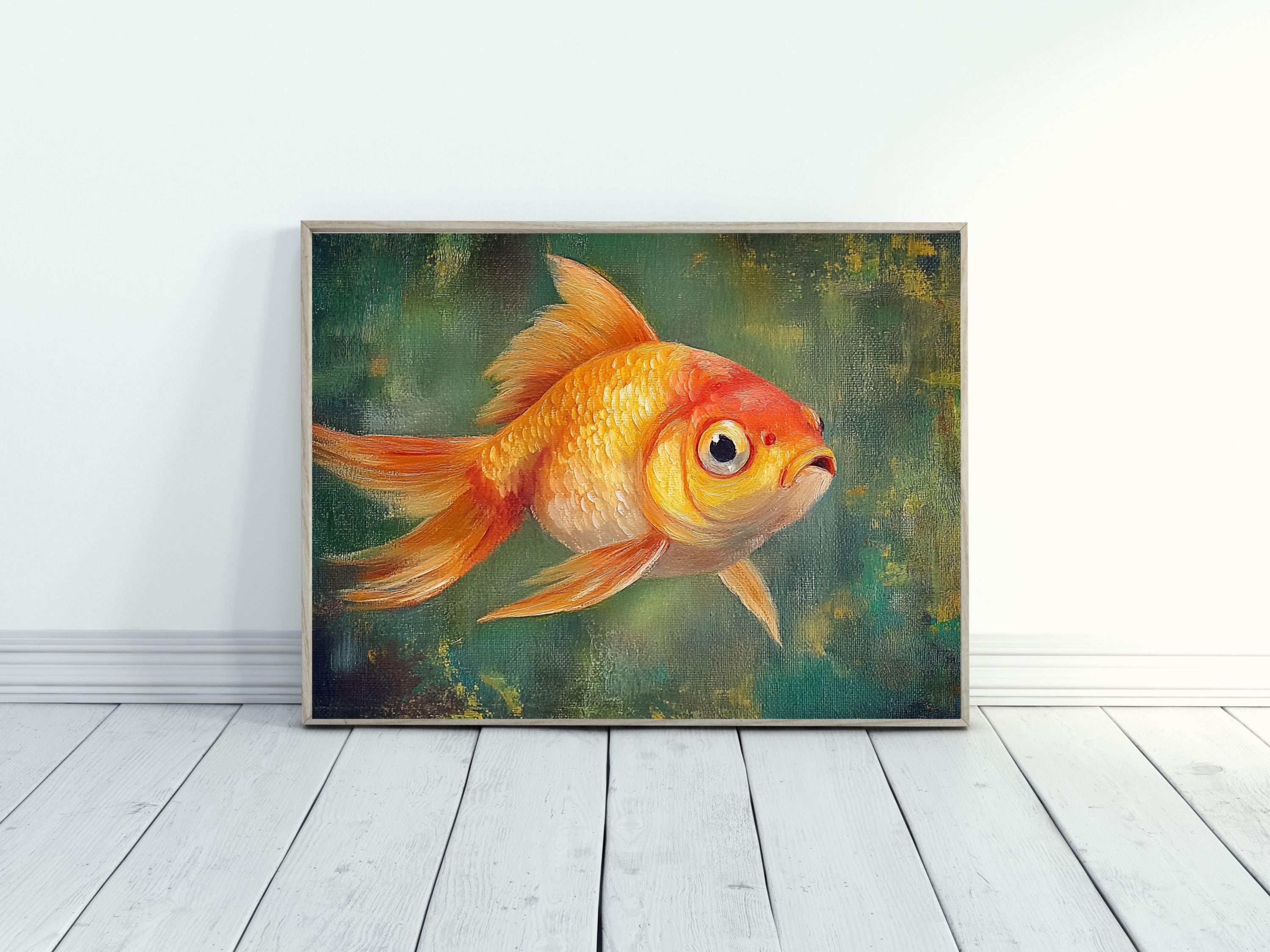 ヴィンテージ金魚油絵、コテージコア水生アート（デジタルプリント