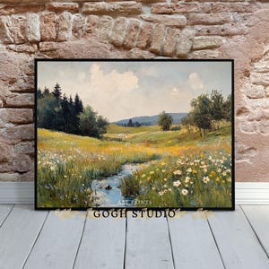 Vintage olieverfschilderij lenteweide, rustiek landschap (digitale print) afbeelding 6