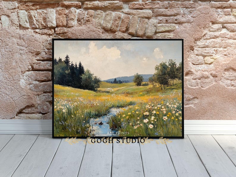Vintage olieverfschilderij lenteweide, rustiek landschap (digitale print) afbeelding 6