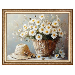 籐のバスケットに入ったデイジーの花とミツバチの静物油絵、コテージ コア アート ビンテージ ペインティング、印刷可能なウォール アート、デジタル プリント