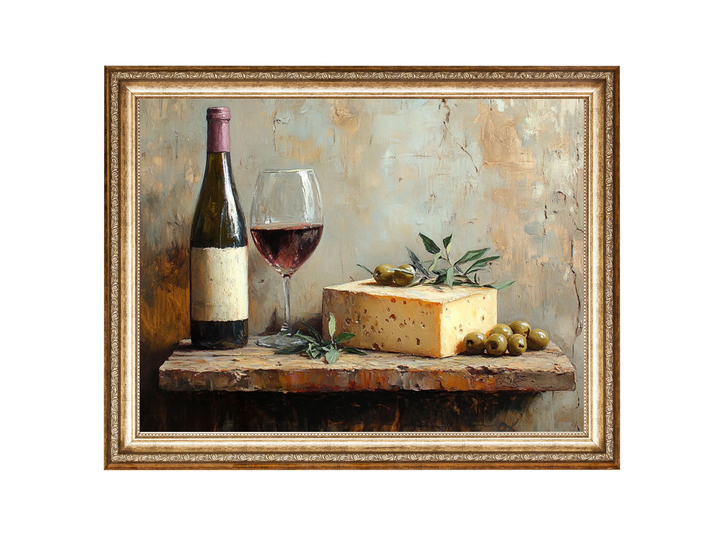 ワインとチーズの油彩画 Wine Cheese and Olives Vintage Oil Painting, Rustic Kitchen Wall