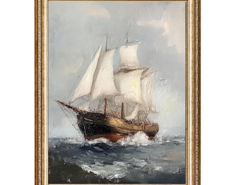 Vintage Tall Ship Oil Painting – Stormy Ocean Cottagecore Art (Digital Download)