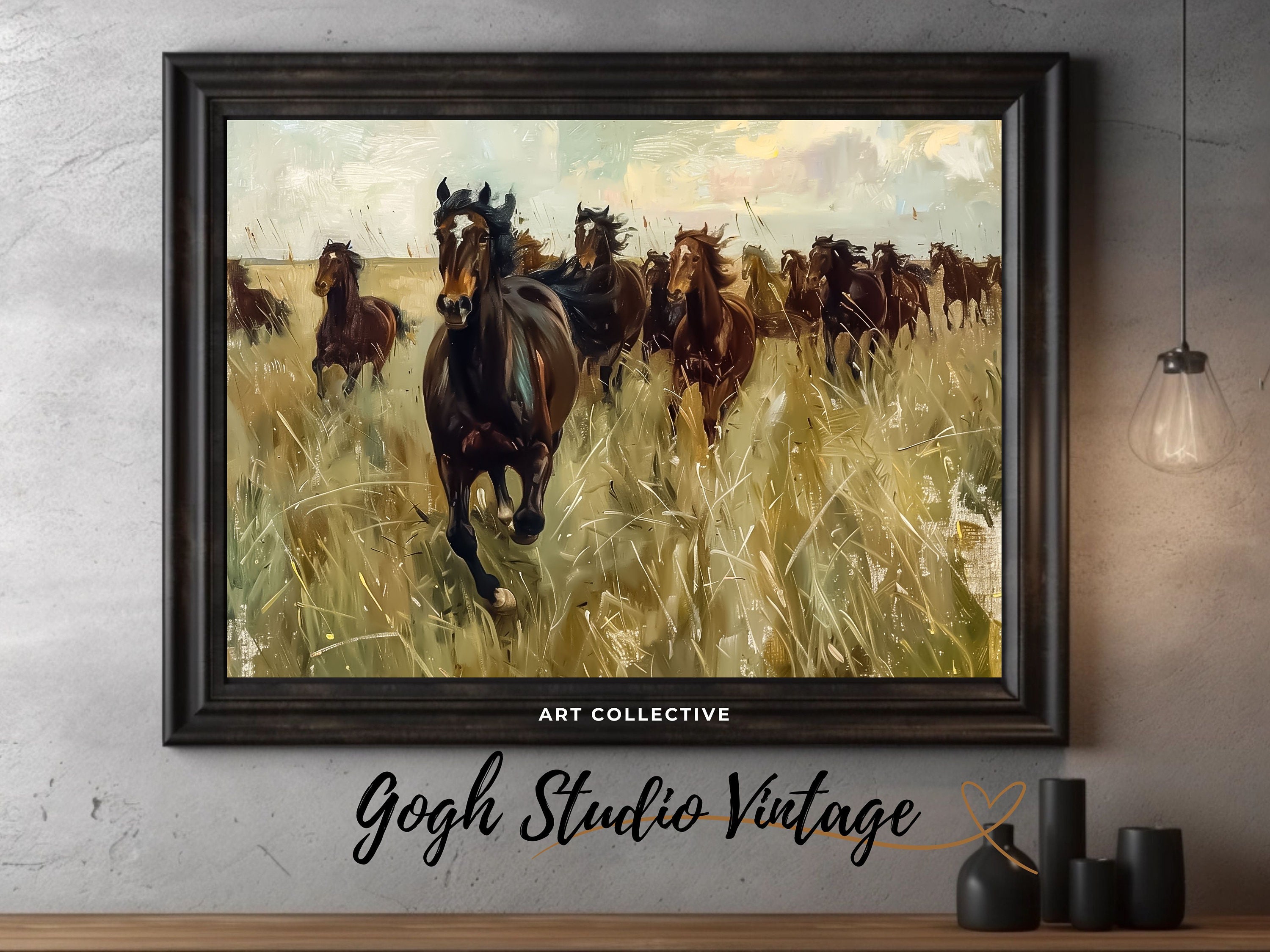 西洋の馬の絵画、馬の群れ、印刷可能な壁アート（デジタルダウンロード