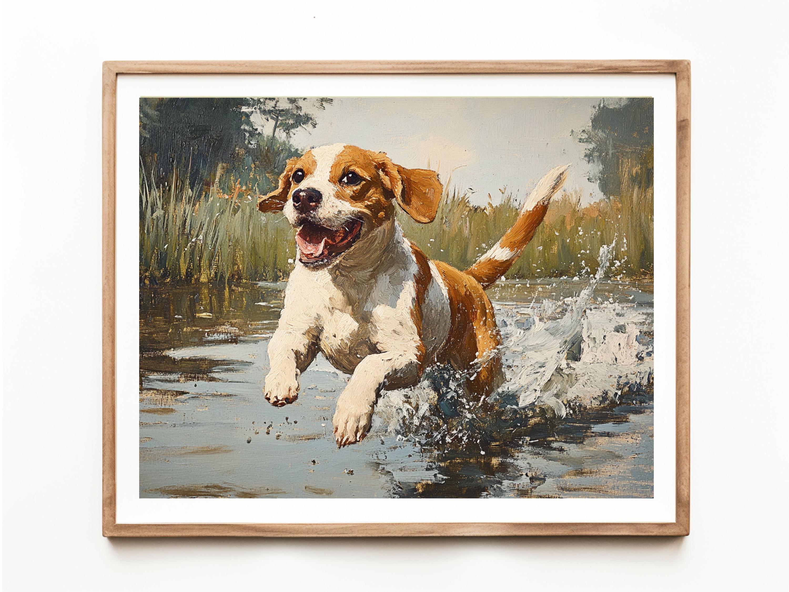 ヴィンテージ犬の油絵、コテージコアウォールアート（デジタルプリント