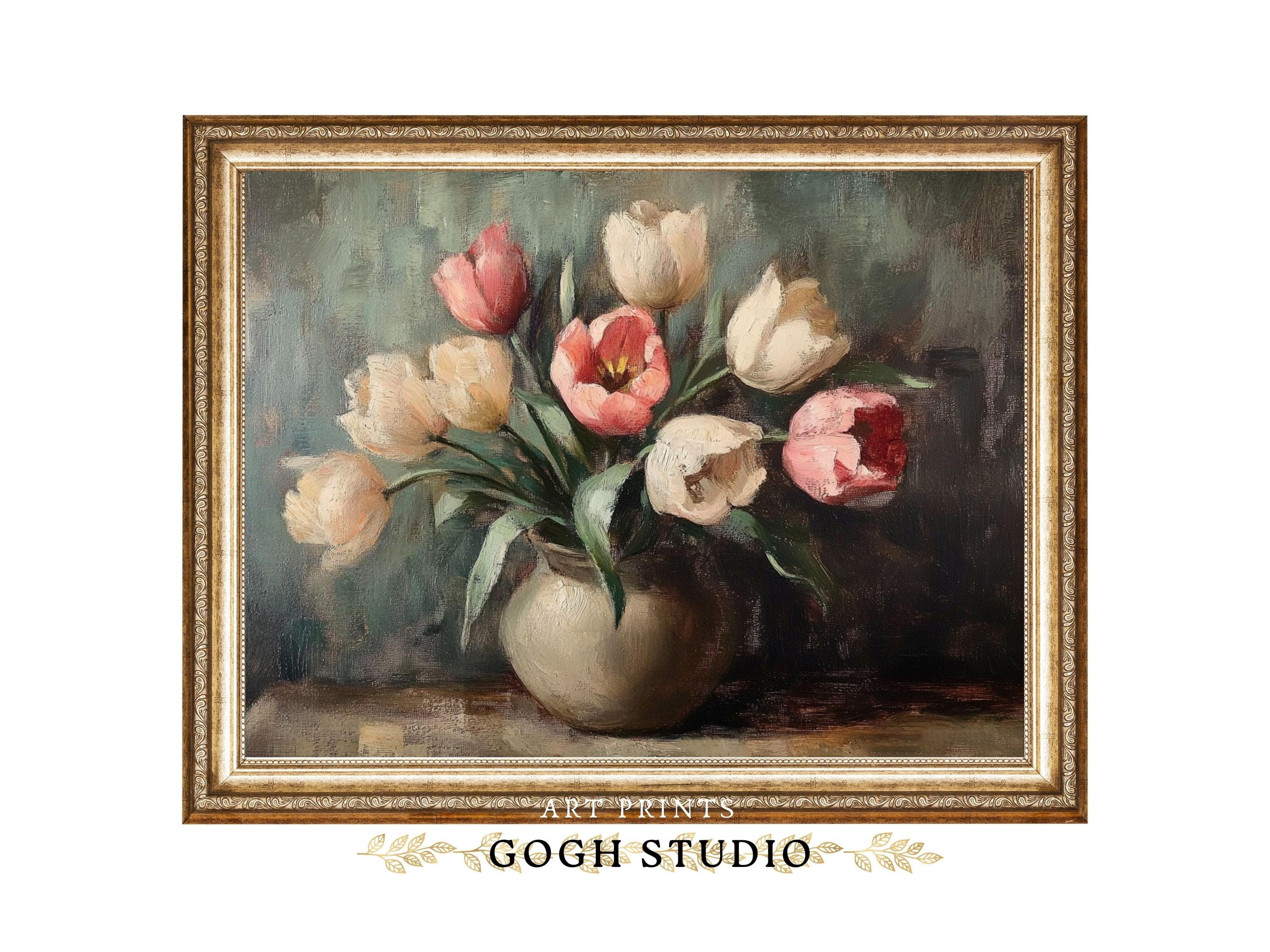 ヴィンテージチューリップ油絵、素朴な花柄コテージ装飾（デジタル