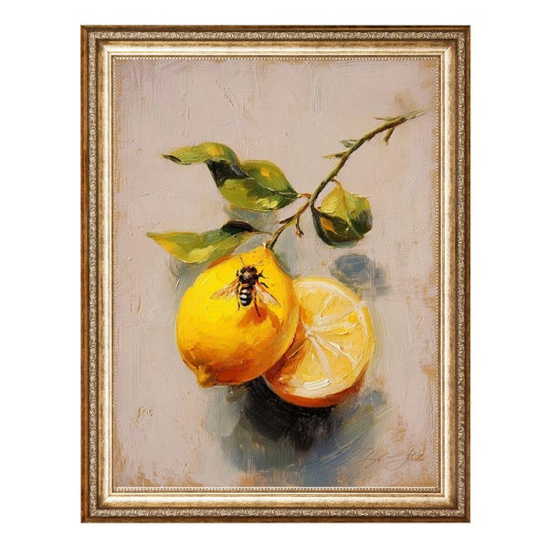 Vintage Bee on Lemon Oil Painting, Cottagecore Kitchen Art (Digital Print)