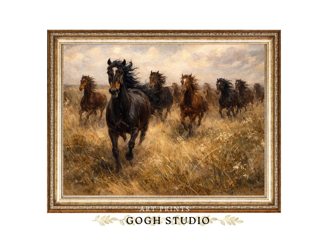 西洋の馬の絵画、馬の群れ、印刷可能な壁アート（デジタルダウンロード