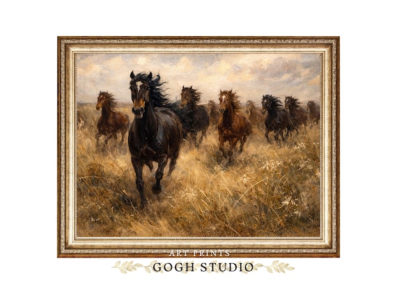 油彩画 馬の群れ 西洋の馬の絵画、馬の群れ、印刷可能な壁アート（デジタルダウンロード