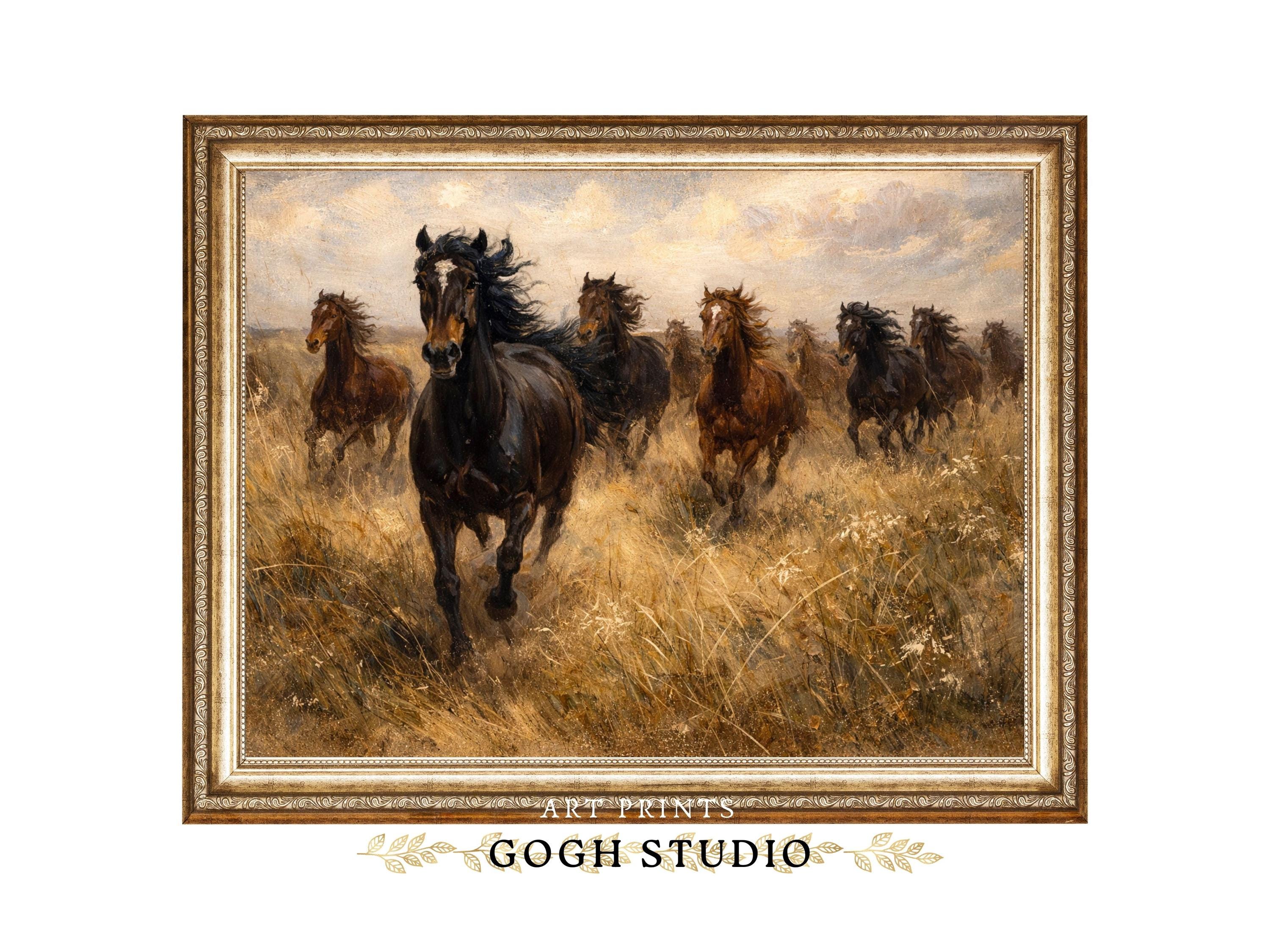 西洋の馬の絵画、馬の群れ、印刷可能な壁アート(デジタルダウンロード 西洋の馬の絵画、馬の群れ、印刷可能な壁アート(デジタルダウンロード