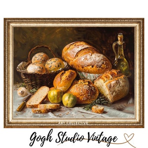 Bread Wall Art Country Kitchen Still Life Vintage Painting, Food Bread Art PRINTABLE Vintage Oil Painting WALL ART Print Digital Download