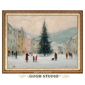 Vintage julby oljemålning konsttryck vinterstadsscen (digital nedladdning)